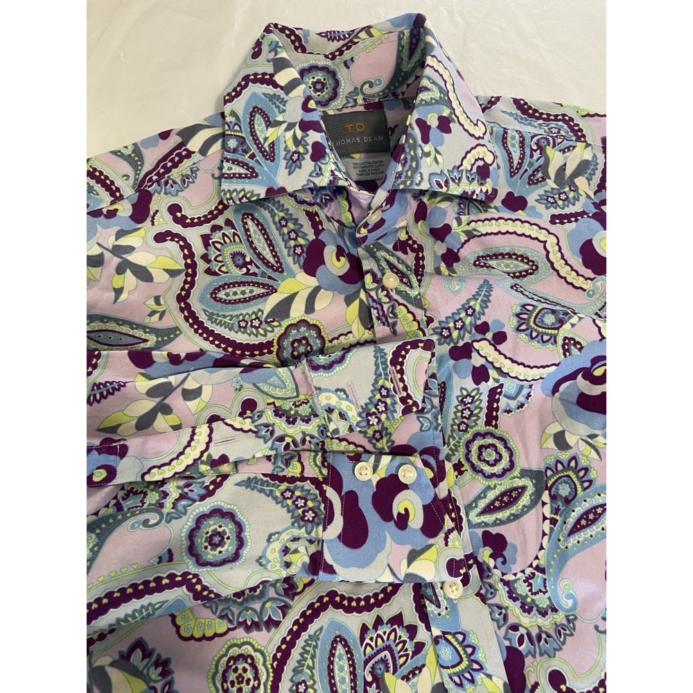 Men's Thomas Dean‎ Bright Paisley 100% Cotton Button Down Dress Shirt-Size Lrg